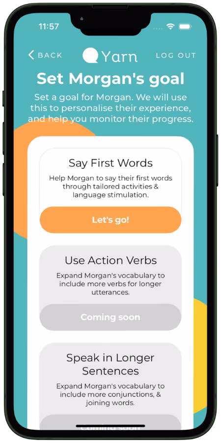 A phone with a preview of Yarn's mobile app displaying a list of potential goals for a child to work towards